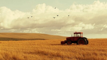 Fototapeta premium Red Tractor in a Golden Wheat Field Under a Dramatic Sky with Birds Flying in the Background at Dusk