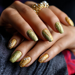 Elegant green and gold nail art design with detailed patterns.