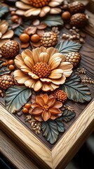 Fototapeta premium Handcrafted Wood Panel With Carved Flowers High Resolution Image