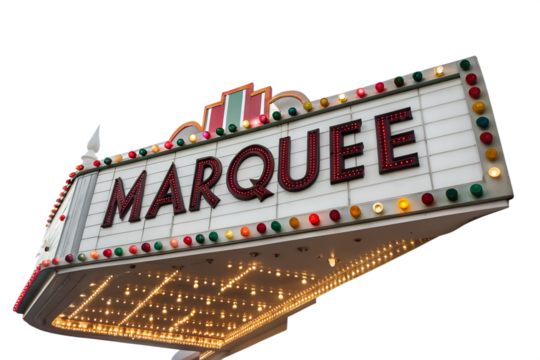 Marquee display showcasing bright lights and bold lettering at night