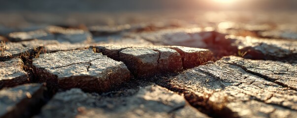 Risk Heatwave Drought Design. Cracked earth reflecting sunlight in a desolate landscape.
