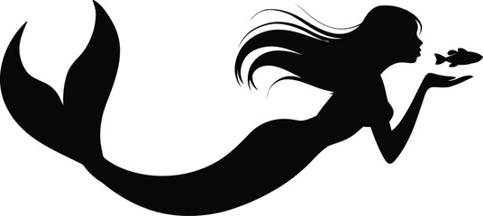 Mermaid Figure with Long Hair and Playful Fish