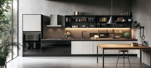 Modern and luxurious kitchen with dark accents and wooden surfaces