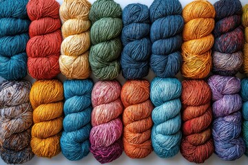 Colorful skeins of yarn in various vibrant hues neatly arranged in a pile. Bright oranges, blues, pinks, and greens create a visually appealing composition.