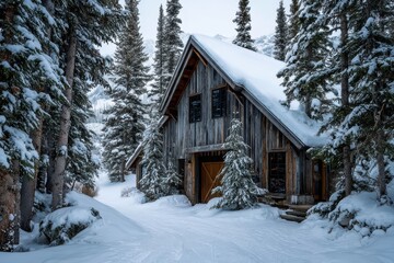 Rustic Winter Cabin Nestled in Snow-Covered Evergreen Forest with Warm Lighting