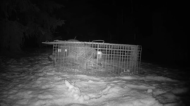 Night vision camera capturing a pair of raccoons, one of which recklessly explores a trap designed to catch them but cleverly manages to take the food without activating the trap with its front paws.