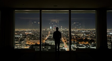 Silhouette of a Person Overlooking City at Night - Photo