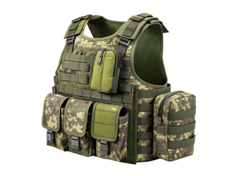 Tactical vest with camouflage pattern and multiple pockets for storage