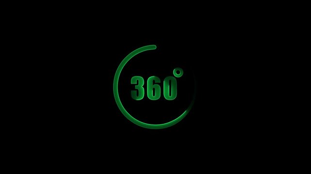 Glowing neon 360 degree view icon animation, Icon 360&deg; animation with optional lama matte. Angle 360 degree. Virtual reality. Panorama. Transparent background.