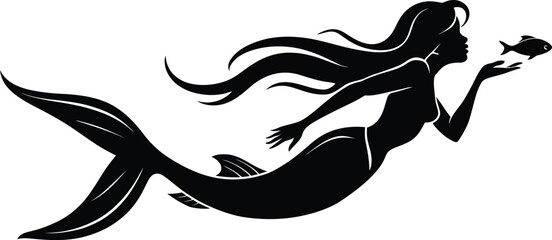 Elegant Mermaid Silhouette in Motion with Fish