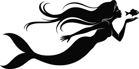 Mermaid Silhouette Swimming and Blowing a Kiss to Fish