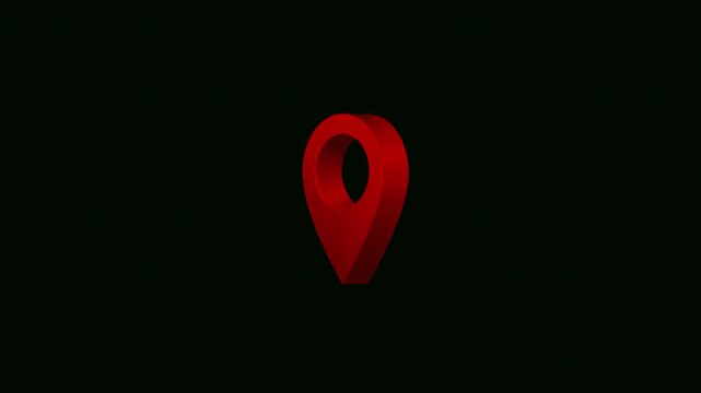 location map pin icon 3d rendered animated model, map red marker symbol flipping rotating animation on solid black background