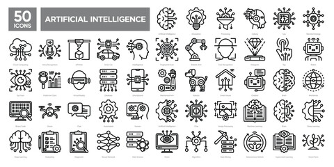 Artificial intelligence icons collection set, featuring machine learning, robotics, smart tech, and data science. Great for tech presentations, apps, and futuristic designs.