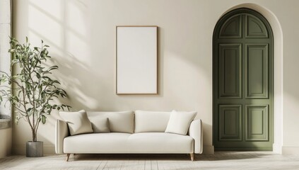 An interior scene depicts a living room with green door