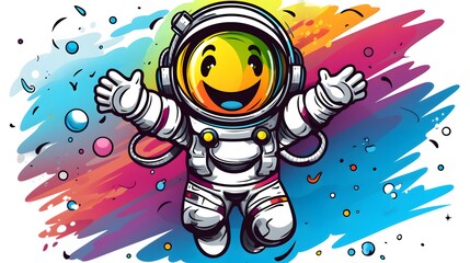 Colorful Gradient Line Drawing of a Smiling Cartoon Astronaut in a Joyful Pose