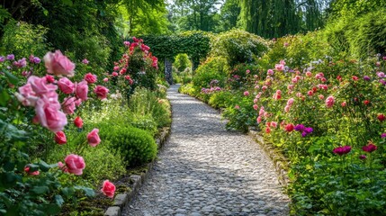 Obraz premium Serene Rose Garden Path: A Picturesque Stroll Through Blooming Beauty