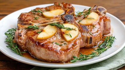 Grilled pork chops with apple garnish gourmet kitchen food photography rustic environment close-up view culinary concept
