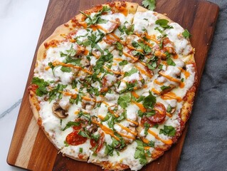 Delicious high-resolution pizza toppings kitchen food photography bright environment top view culinary delight