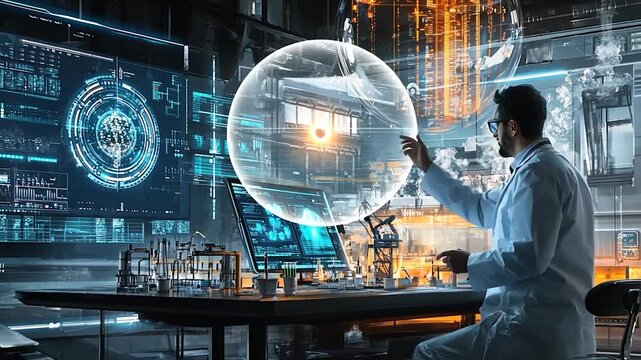 Scientist analyzing data in a high-tech laboratory with glowing screens