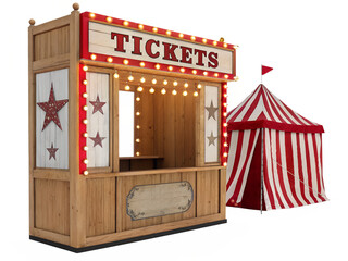 Ticket booth and red striped tent at a fair