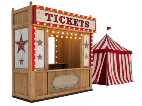 Ticket booth and red striped tent at a fair - Powered by Adobe