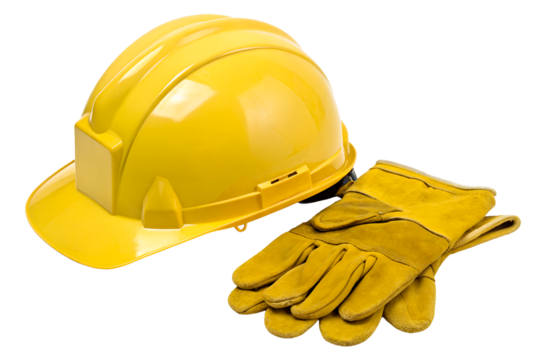 Yellow hard hat and gloves for construction safety gear