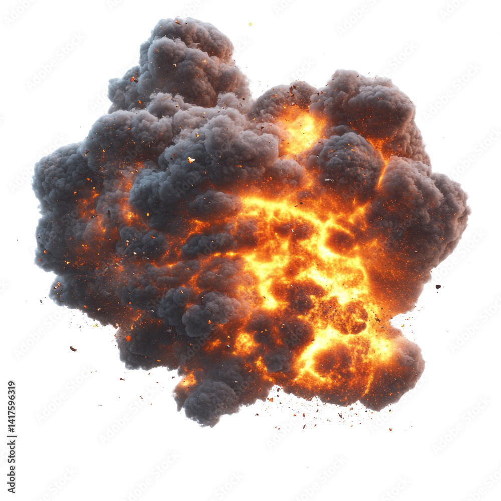 Poster dramatic explosion rendering with fiery burst and billowing smoke on black backdrop
