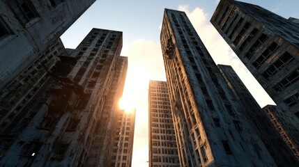 Fototapeta premium Abandoned city skyscrapers at sunrise, looking up