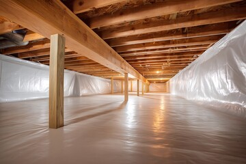 Vapor barrier in crawl space with beams for clean under-house protection  
