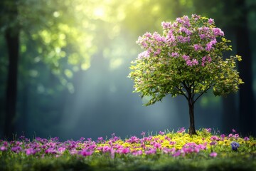 Obraz premium Beautiful Tree Surrounded by Vibrant Flowers in Serene Forest Setting