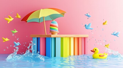 Fun summer activity with colorful ice cream poolside paradise digital art vibrant atmosphere eye-level view playful concept