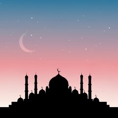 Sunset mosque silhouette with crescent moon