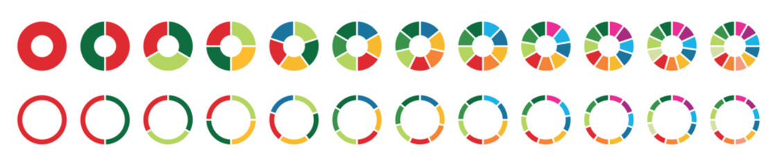 Pie chart set Circle pie chart diagram. Circle icons for infographic. Colorful diagram collection with 2,3,4,5,6,7,8,9,10,11,12 sections or steps. Flat process cycle. Progress sectors.