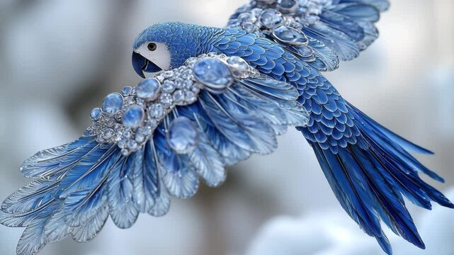 Blue macaw with pearl wings  flying in slow motion while camera follows | 4K