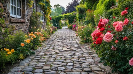 Obraz premium Cobblestone Path Through a Blooming Rose Garden