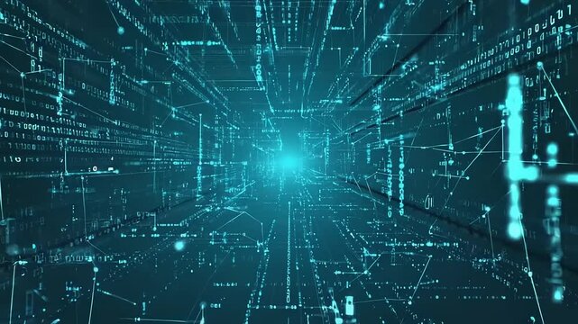 Digital network tunnel with binary code.