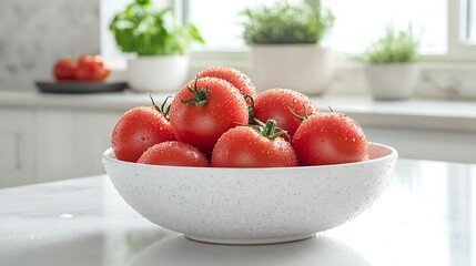 White bowl filled with vibrant red cherry tomatoes on a kitchen countertop surrounded by fresh produce and green plants