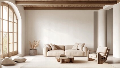 Light-filled, modern, beige living room with wooden beams,  arch window, and natural light