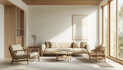 Fototapeta premium Modern minimalist living room, sunlight streaming through large windows, showcasing a peaceful interior design