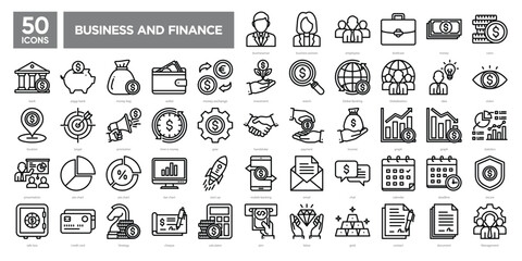 Business and finance icons collection set, including money, banking, investment, communication, and strategy. Perfect for financial reports, websites, and business presentations.