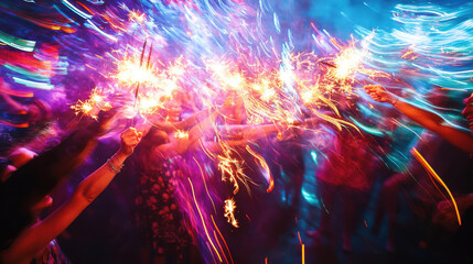 Celebration with sparklers lighting up night party scene