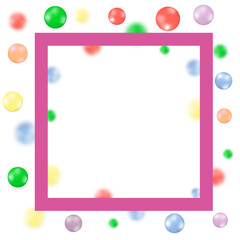 Vector Colorful chocolate candies and pink frame, multicolored glazed chocolate falling isolated on blue background. Falling candied fruit,selective focus.