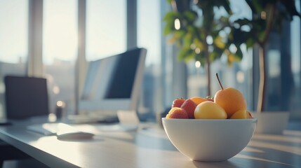 Morning Sunlight Illuminates a Bowl of Fresh Fruit on a Modern Office Desk