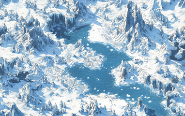 Fototapeta premium ice world fantasy map, arctic terrain with frozen oceans, icy cliffs, snowy mountains and glaciers