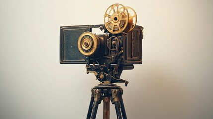 Naklejka premium Vintage film projector on a tripod, showcasing historical cinematography equipment.