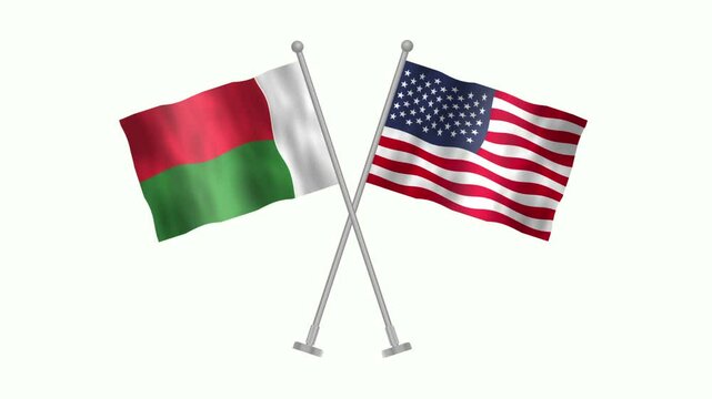 Flag of Madagascar and USA, Cross table flag of Madagascar and USA on white screen, Madagascar and USA 3D Animation flag waving in the wind isolated on white Background. 
