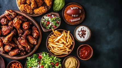 Assorted delicious foods for party with chicken wings, fries, salads, dips, and sauces on dark surface for sports-themed gatherings