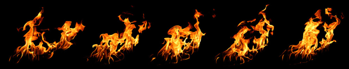 Fototapeta premium collection abstract flame isolated black background. concept of effect texture ablaze, graphic design bonfire, blaze at night. burn of fire sizzling, danger explosion 