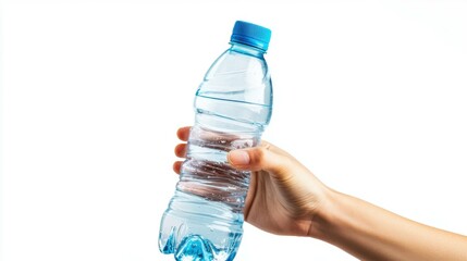 Fototapeta premium healthy lifestyle and diet concept - hand holding plastic water bottle isolated on white background