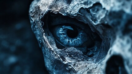 Closeup of a scary skull with a haunting blue eye in dark horror style showing decay, fear, mystery, and death concept

